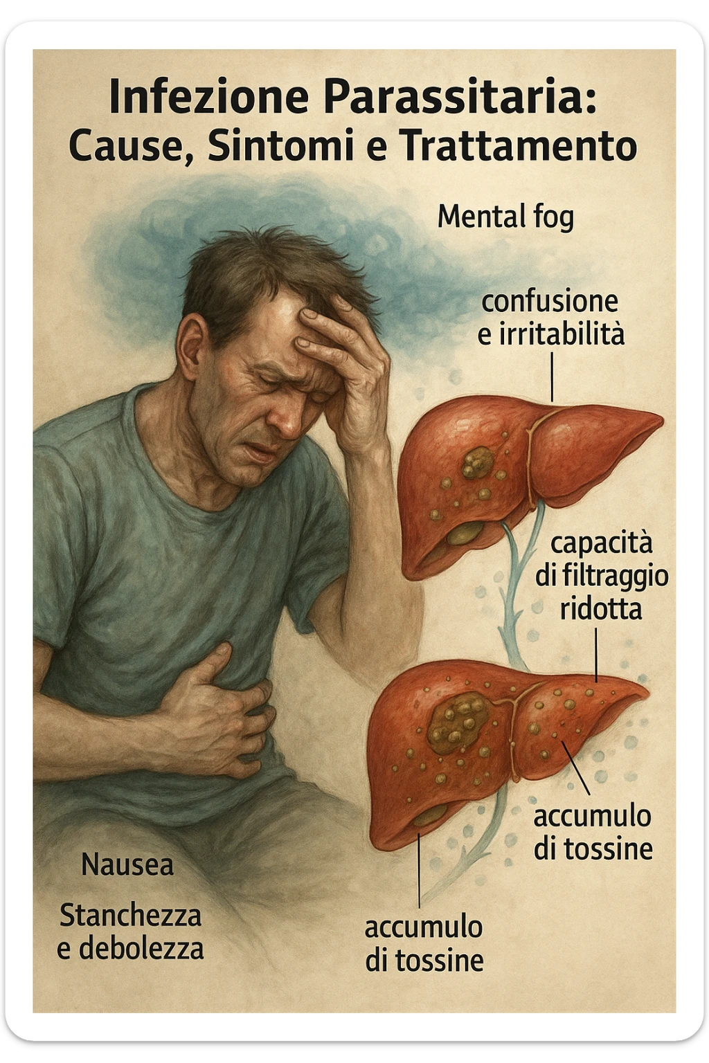 "Man feeling increasingly unwell as his liver fails to filter toxins, nausea, tiredness, and weakness overwhelming him as toxins infiltrate his brain causing confusion and irritability Parasitic Infection: Causes, Symptoms & Treatment, expression of mental fog and physical exhaustion, liver shown as overworked organ with reduced filtration capacity, toxic buildup affecting entire body systems" in italiano sticker
