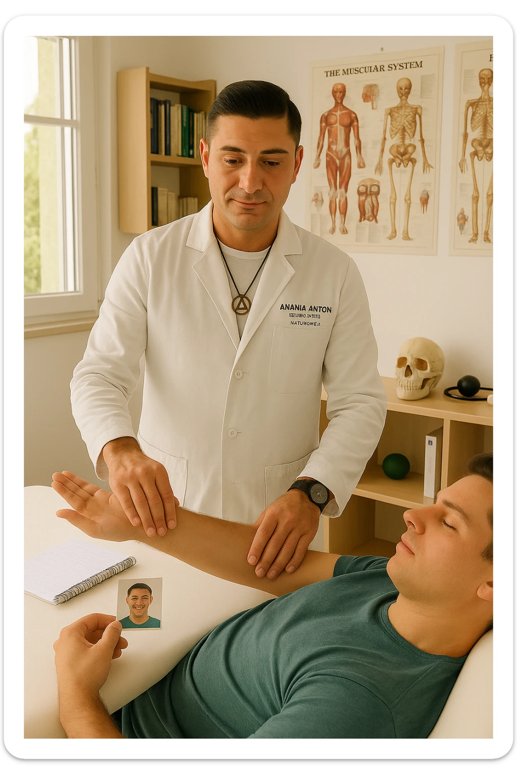 a middle-aged man, dressed in casual professional attire, is in a bright, organized therapy studio. Durante una visita di kinesiologia, il praticante tiene con una mano la foto di una persona lontana (il “testimone”) appoggiata su un tavolo, mentre con l’altra mano esegue un test muscolare su un cliente presente. Sullo sfondo si vedono libri di kinesiologia, poster anatomici e strumenti tipici della disciplina. L’atmosfera è concentrata e serena, con luce naturale che entra dalla finestra, sottolineando l’aspetto alternativo e umano della pratica. sticker