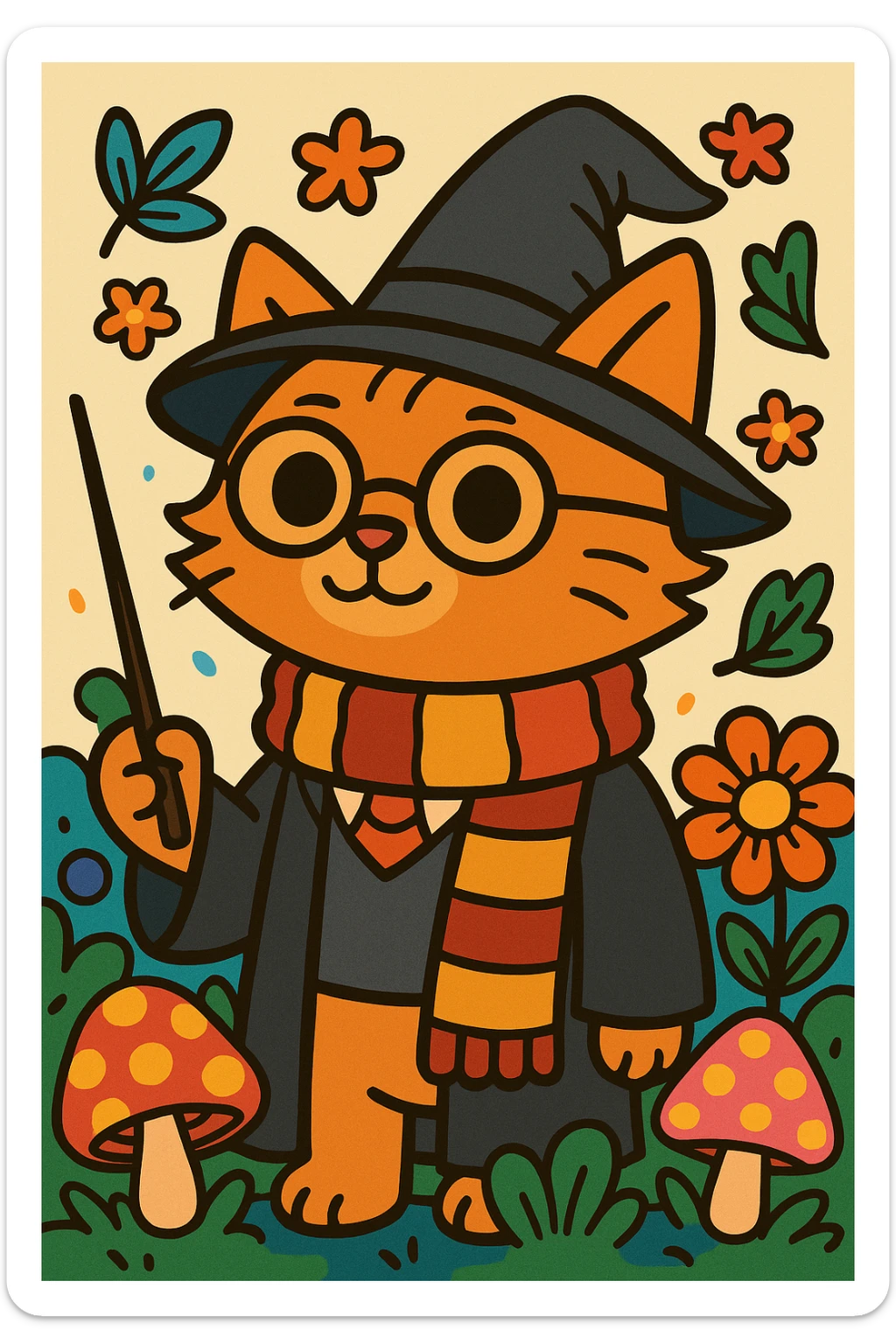 Place the cat in a colorful scene inspired by Bobbie Goods style, with vibrant and playful elements, while maintaining the flat toon cartoon visual style. sticker