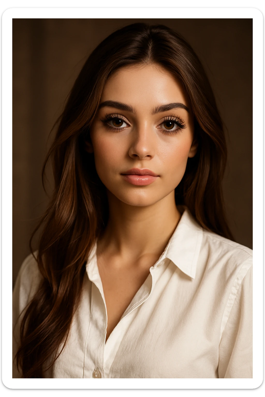 stylish girl, long brown hair, white blouse, long lashes, beautiful, portrait, detailed, beautiful lighting sticker