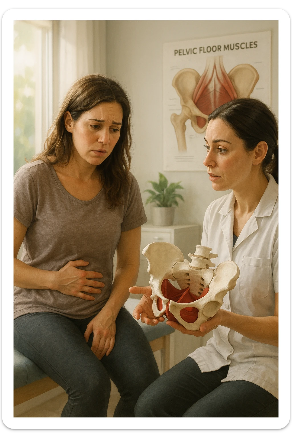 A realistic, cinematic illustration of a woman in her mid-30s with a thoughtful, slightly worried expression, sitting in a bright, modern physiotherapy clinic. She is wearing comfortable leggings and a loose top, with one hand resting gently on her lower abdomen, indicating discomfort. The scene shows a caring female pelvic floor physiotherapist explaining with a pelvis anatomical model, while the woman listens attentively but visibly concerned. In the background, soft natural light enters through the window, and an anatomical poster of pelvic floor muscles is visible on the wall. The environment is warm, clean, and reassuring, emphasizing the sensitivity of pelvic floor disorders while promoting trust and awareness in seeking help sticker
