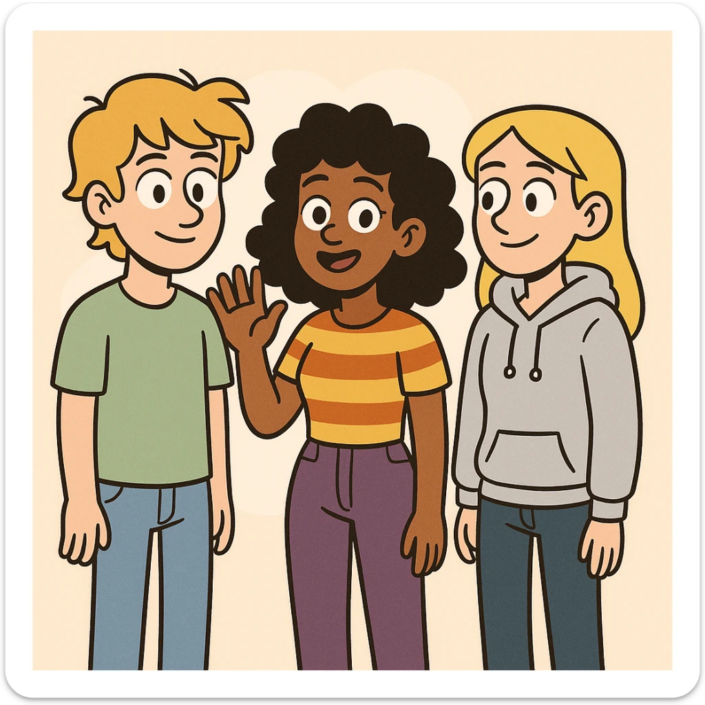 A boy dark yellow hair light green t-shirt white lightfo blue jeans girl brown skin black hair hairstyle curly hair yellow orange stripes top purple trousers girl yellow hair light grey hoodie dark blue jeans a hand hello  sticker