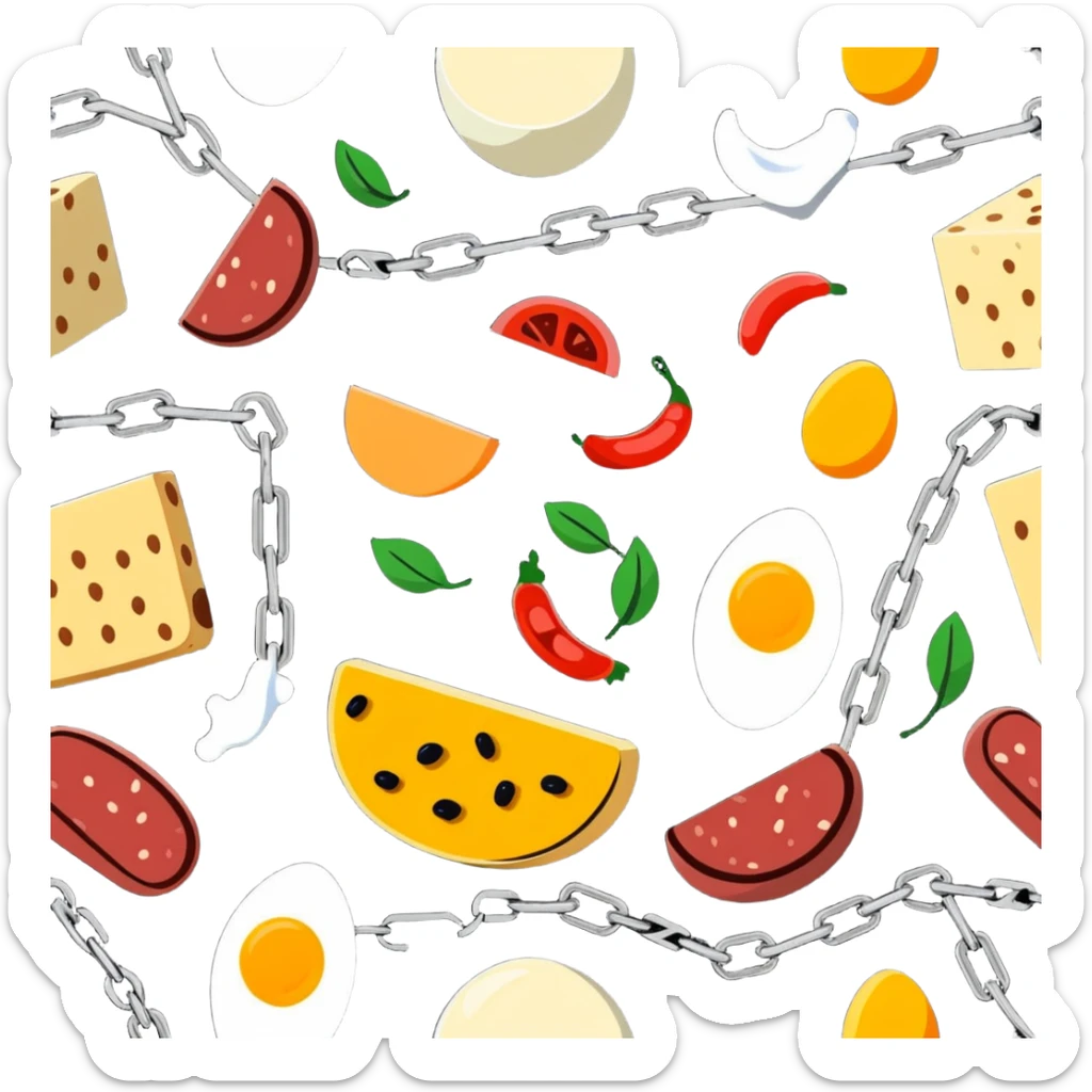 Close up of vibrant protein foods (meat, egg, beans, tofu, yogurt) connected in a chain or cluster, glowing and unified, floating together in a warm light. sticker