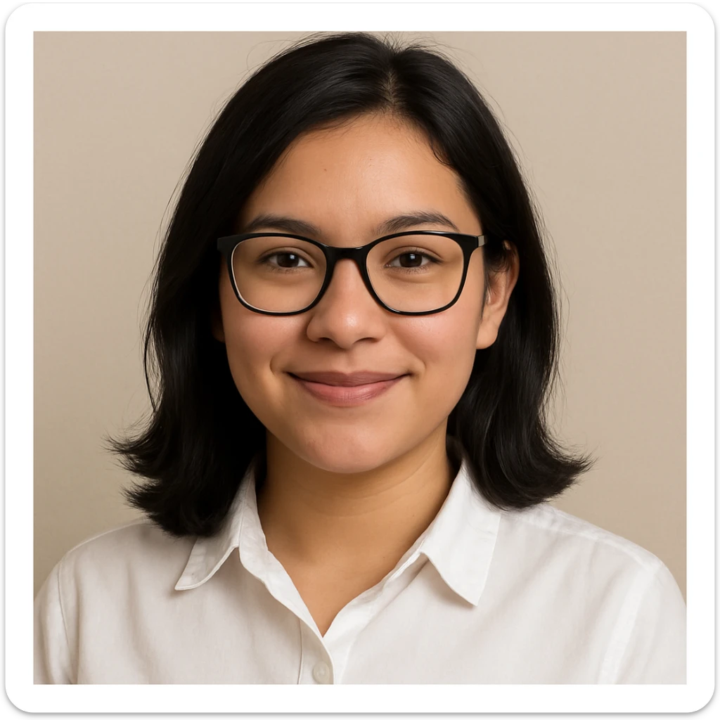 upper body portrait of a girl with medium black hair, black glasses, light tan skin, white collared shirt, friendly expression, plain background sticker