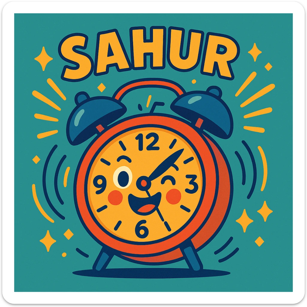 cheerful cartoon alarm clock ringing with the words 'Sahur' in a festive Ramadan style, vibrant colors, energetic motion lines, joyful mood sticker