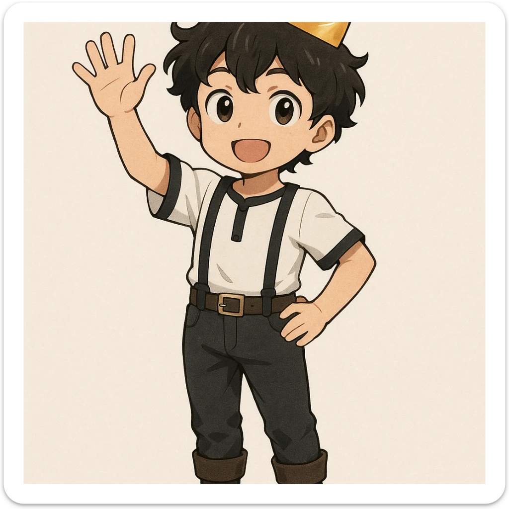 young anime boy with dark wavy hair, wearing a simple golden crown, white shirt with black trims and black suspenders, dark pants with belt and boots, standing confidently with one arm raised saying hello sticker