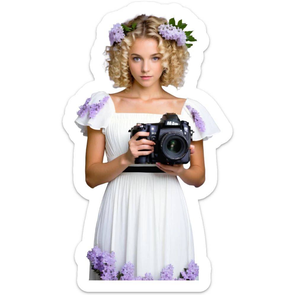 mujer rubia de rulos de 50 años con cámara Nikon y vestido largo blanco con flores lilas sticker