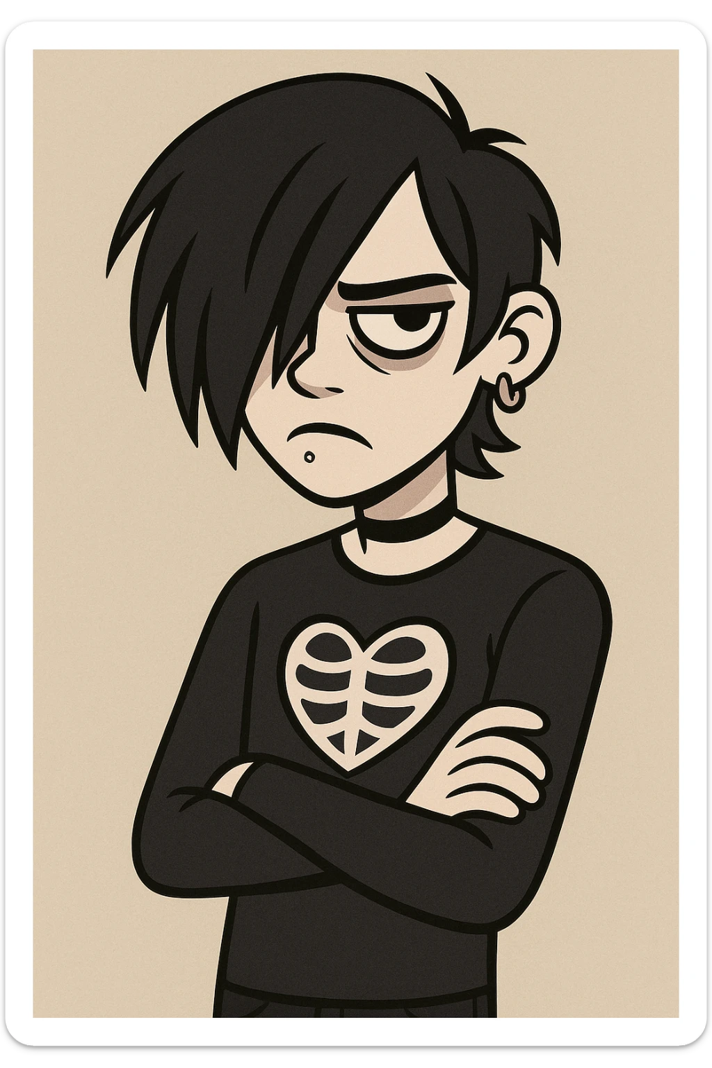 emo teen with dark hair covering one eye, expressive, moody, subtle piercings, pale skin, black clothing, minimal background sticker