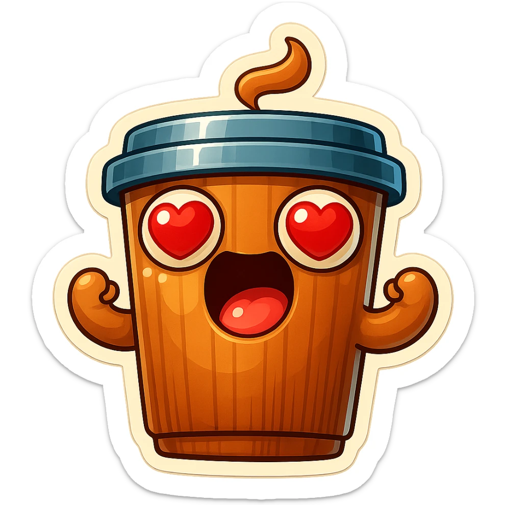 coffee cup creature, big heart eyes, dopey smile sticker