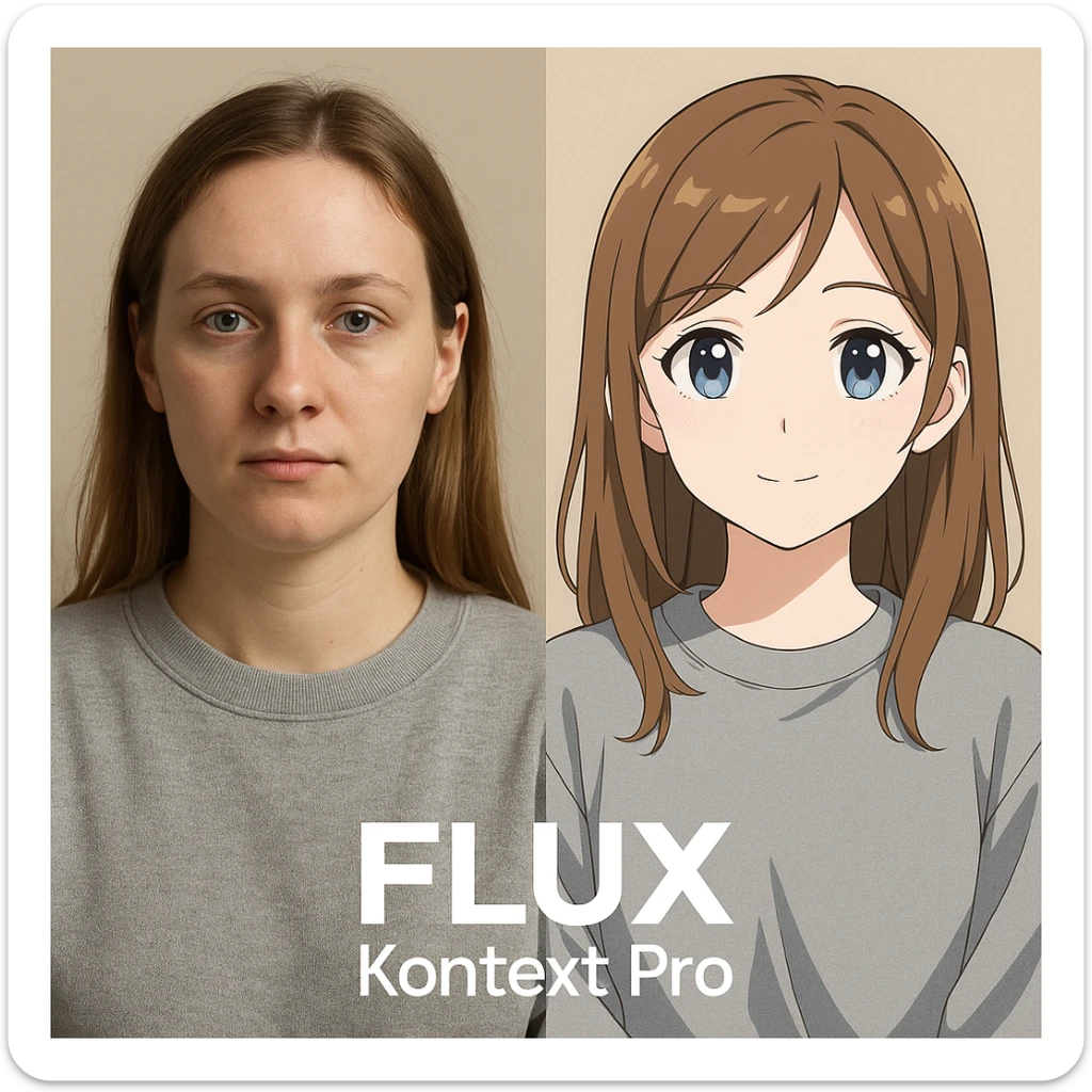 create before after image of a girl before is realsitic photo, after is anime version of her in same pose and clothes, add logo with text of a "FLUX Kontext Pro" sticker