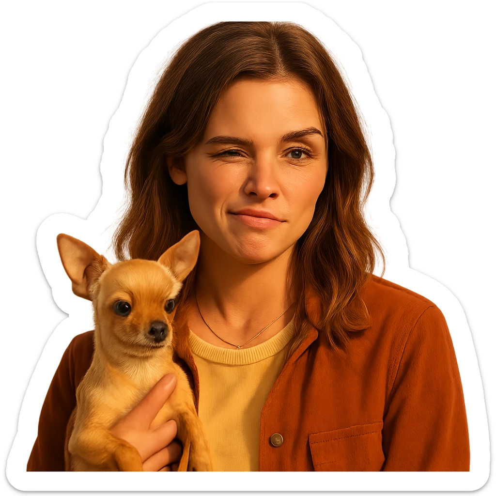 Portrait of a woman inspired by the facial features visible in the reference images, with a tanned complexion and subtle freckles. She wears a shirt in color #FFF8CA and a rust-colored jacket. Her hair is medium-length brown with auburn highlights. She has a rebellious and playful expression, holding a beige-brown chihuahua. The style is inspired by a Netflix series, with a transparent background. The lighting and color ambiance are inspired by Tenerife, with a touch of emotion and authenticity like an Instagram diary. sticker