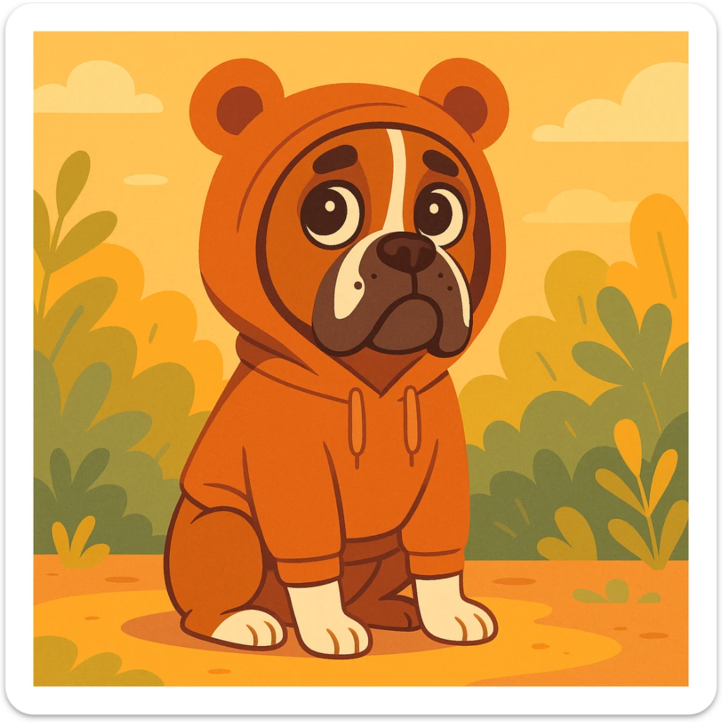 perro bóxer sentado, mirada tierna, buzo con capucha de orejas de osito marrón, iluminación golden hour, entorno natural con follaje, pastel toon style sticker