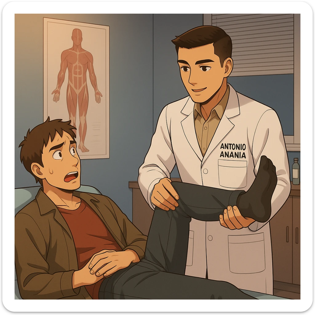 fai un webtoon manga a colori con questo stile, in cui un uomo è steso sul lettino medico e il kinesiologo con il camice bianco (fagli anche la scritta "ANTONIO ANANIA" SUL CAMICE, gli solleva una gamba per fargli il test neuromuscolare, IL KINESIOLOGO SPIEGA ALL'UOMO UNA cosa mentre gli alza la gamba. non fare i fumetti però, fai solo in modo che sembri stiano parlando sticker