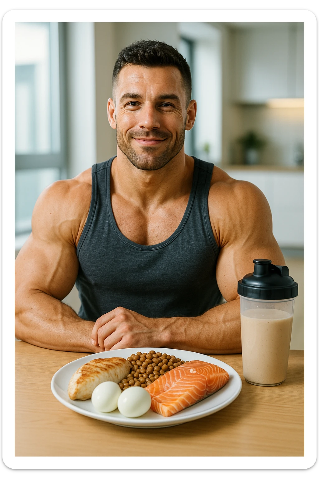 Uomo muscoloso, seduto a tavola con un piatto ricco di proteine: petto di pollo, uova, legumi, pesce e frullato proteico. Espressione soddisfatta e consapevole, in un ambiente luminoso, magari una cucina moderna o uno spogliatoio da palestra. Muscoli ben definiti, simbolo di cura e attenzione all’alimentazione. Atmosfera positiva, energetica sticker