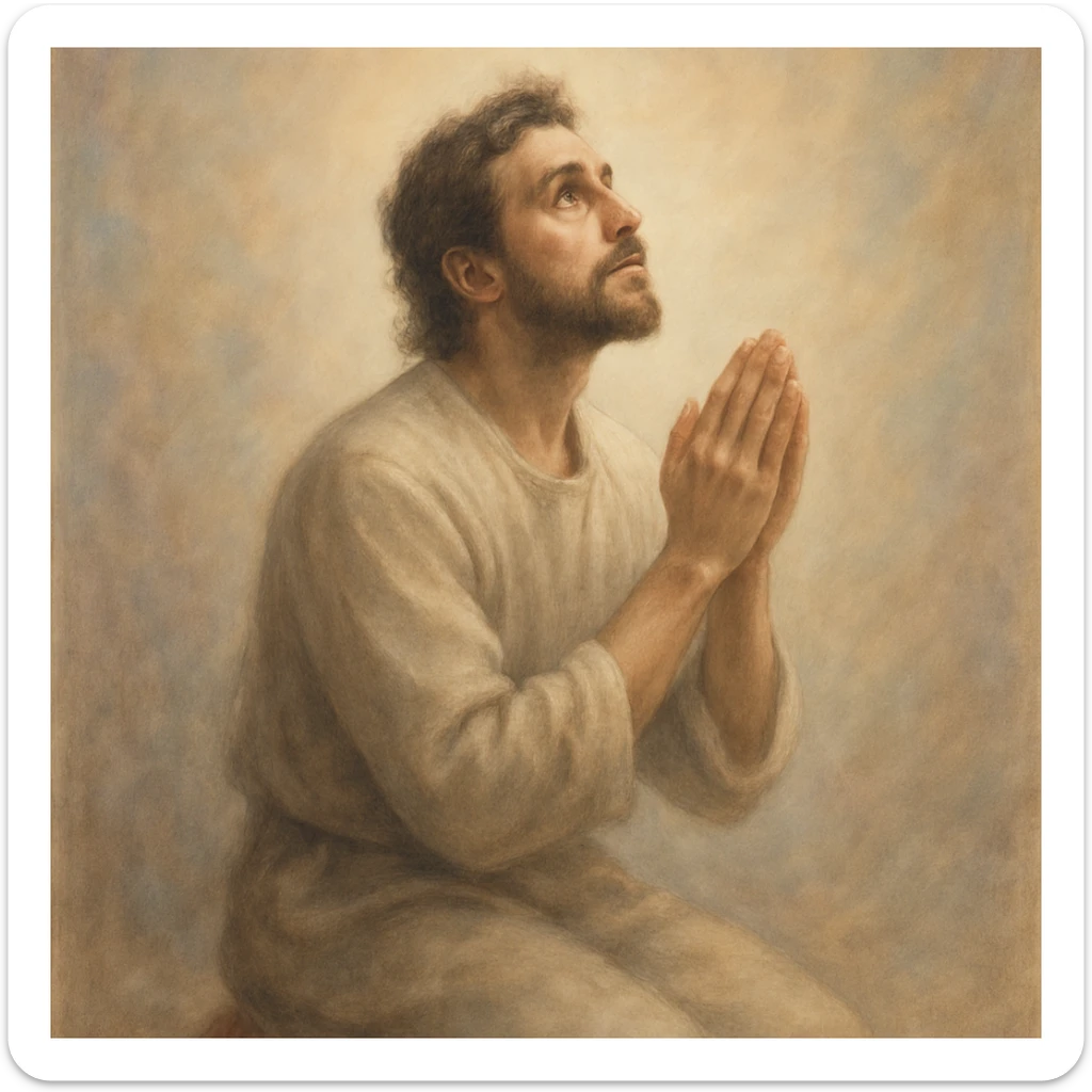 a person kneeling in prayer, hands together, looking up, spiritual atmosphere, gentle colors sticker