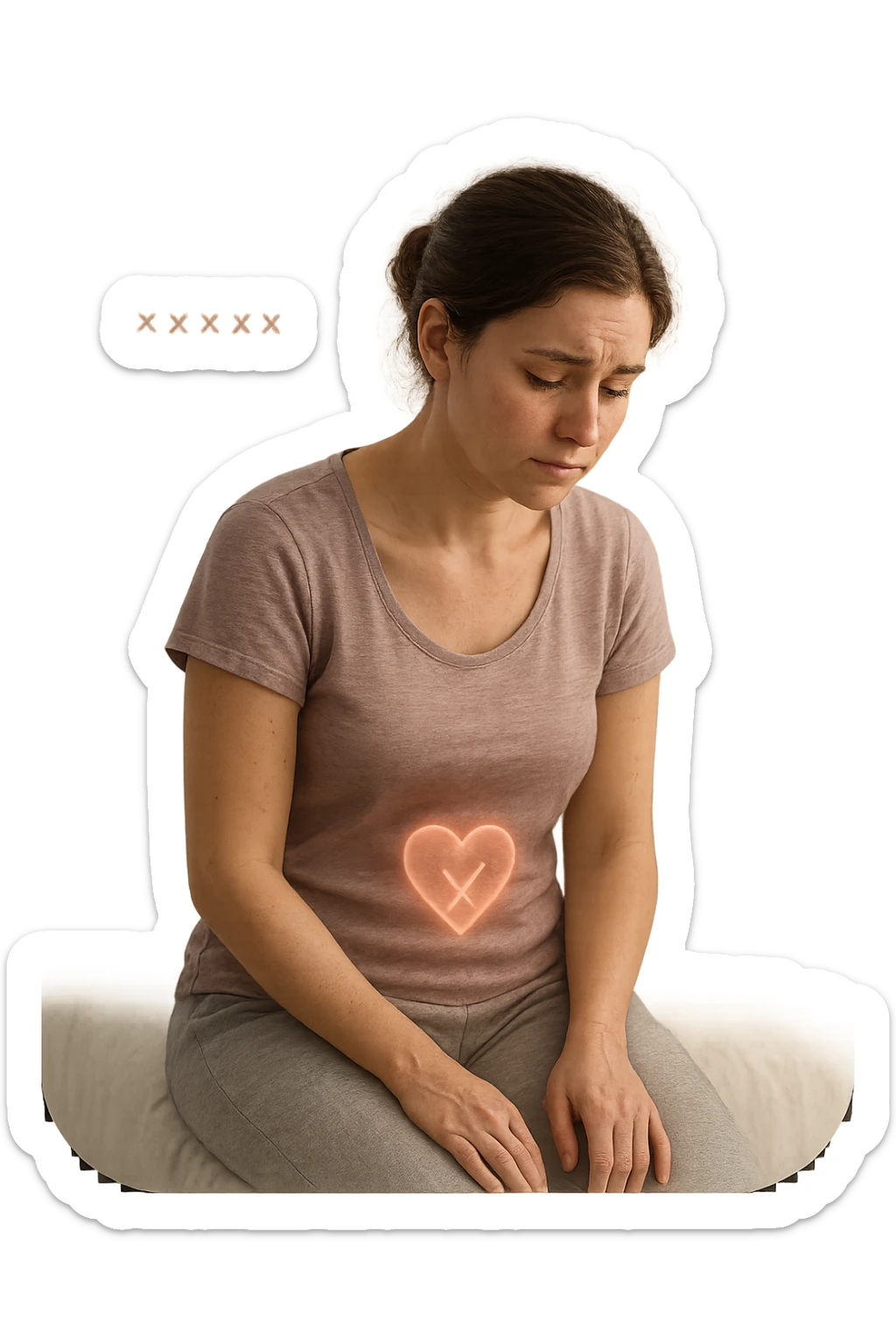 3D realistic medical illustration: a young woman in her 20s or 30s sits on the edge of a bed in a softly lit bedroom, looking thoughtful and slightly concerned. She wears comfortable loungewear, her posture is slouched, and her expression is subdued. Subtle visual cues—such as a faded calendar with missed menstrual cycles and a dimmed heart or energy icon near her abdomen—symbolize low libido and amenorrhea. The scene is realistic, intimate, and empathetic. sticker