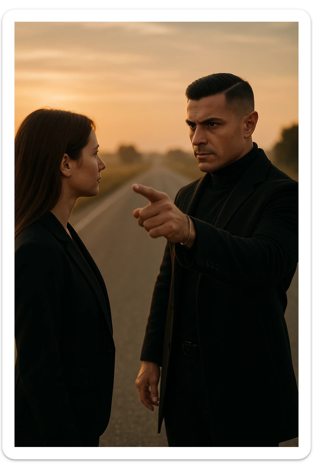 Cinematic photo of a confident man giving clear direction to a woman, standing in front of her with a firm but calm expression, pointing forward as if showing her the path to follow. The man is dressed in a dark jacket, embodying the role of a commander, while the woman looks at him attentively, ready to follow. The setting is an open road at sunrise with soft golden light, symbolizing new beginnings and leadership. Shot from a side angle, capturing both profiles with a clear view of his guiding gesture. sticker