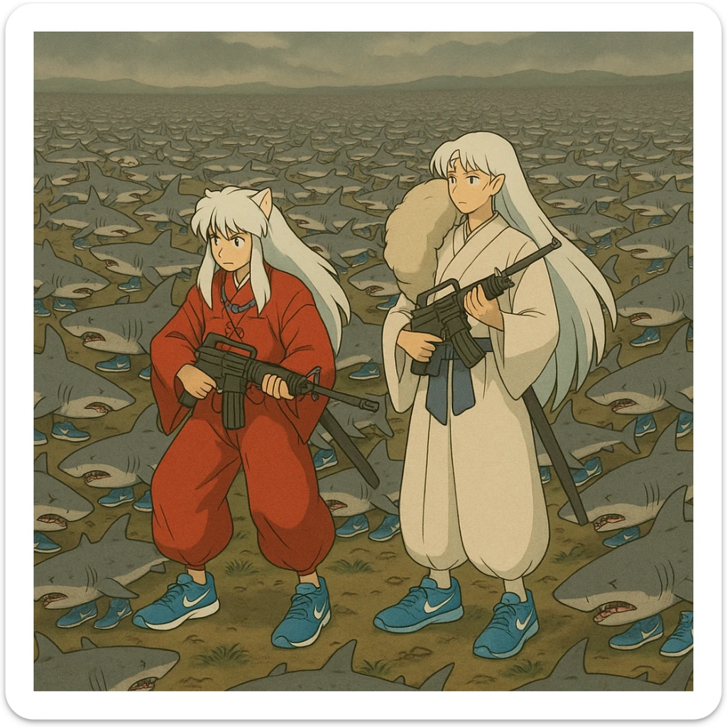 Inuyasha and sesshomaru take m16a4 vs 1 million shark They wear shoes blue Nike and all sharks They wear shoes Nike die sticker
