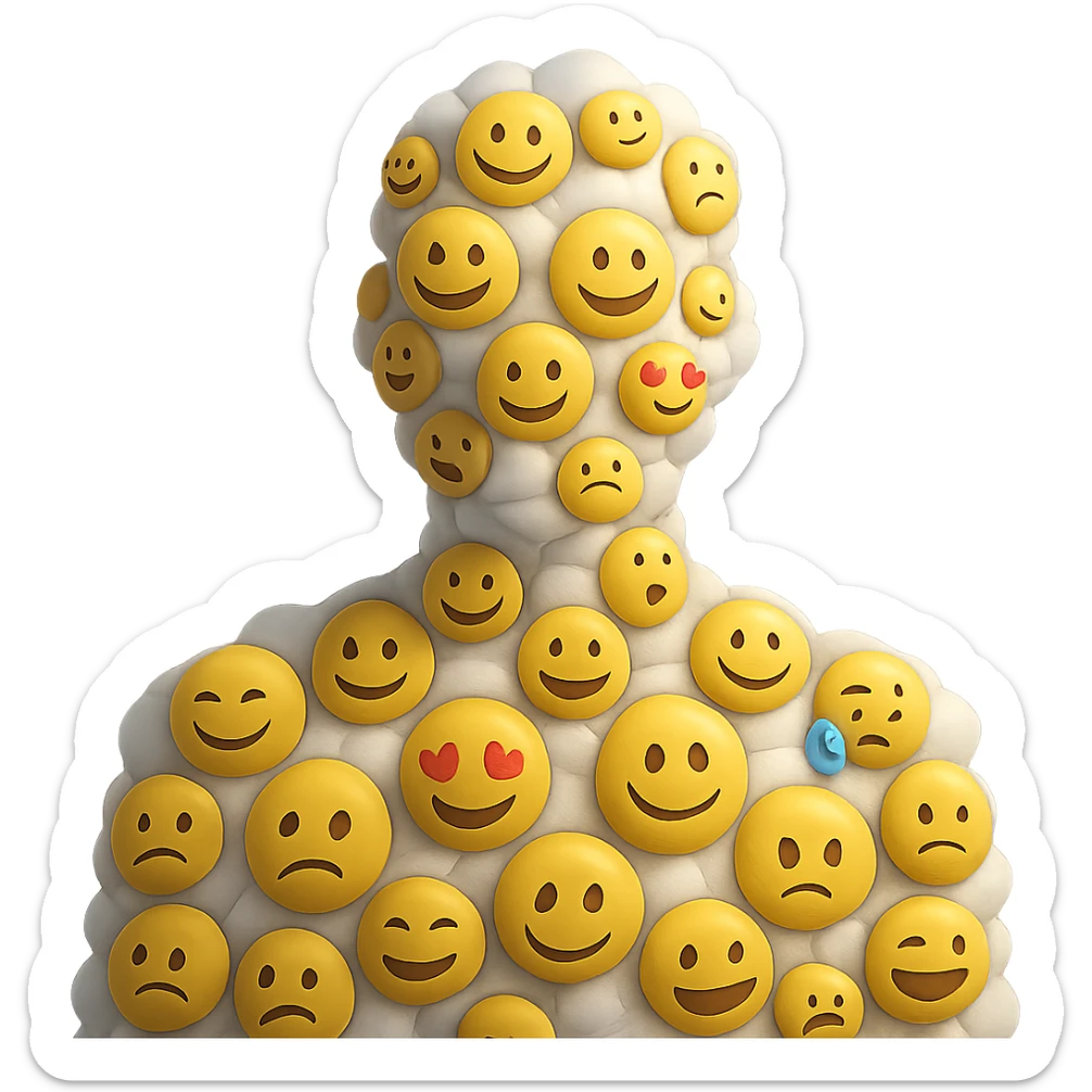 person composed entirely of volumetric emoji clouds, shoulder view, looking straight ahead sticker