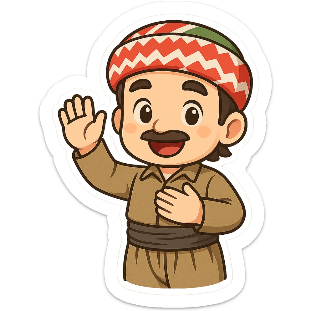 cartoon Kurdish man in traditional Kurdish clothing greeting with hand raised or hand on chest, colorful and cheerful, no text, sticker style suitable for WhatsApp and Instagram sticker