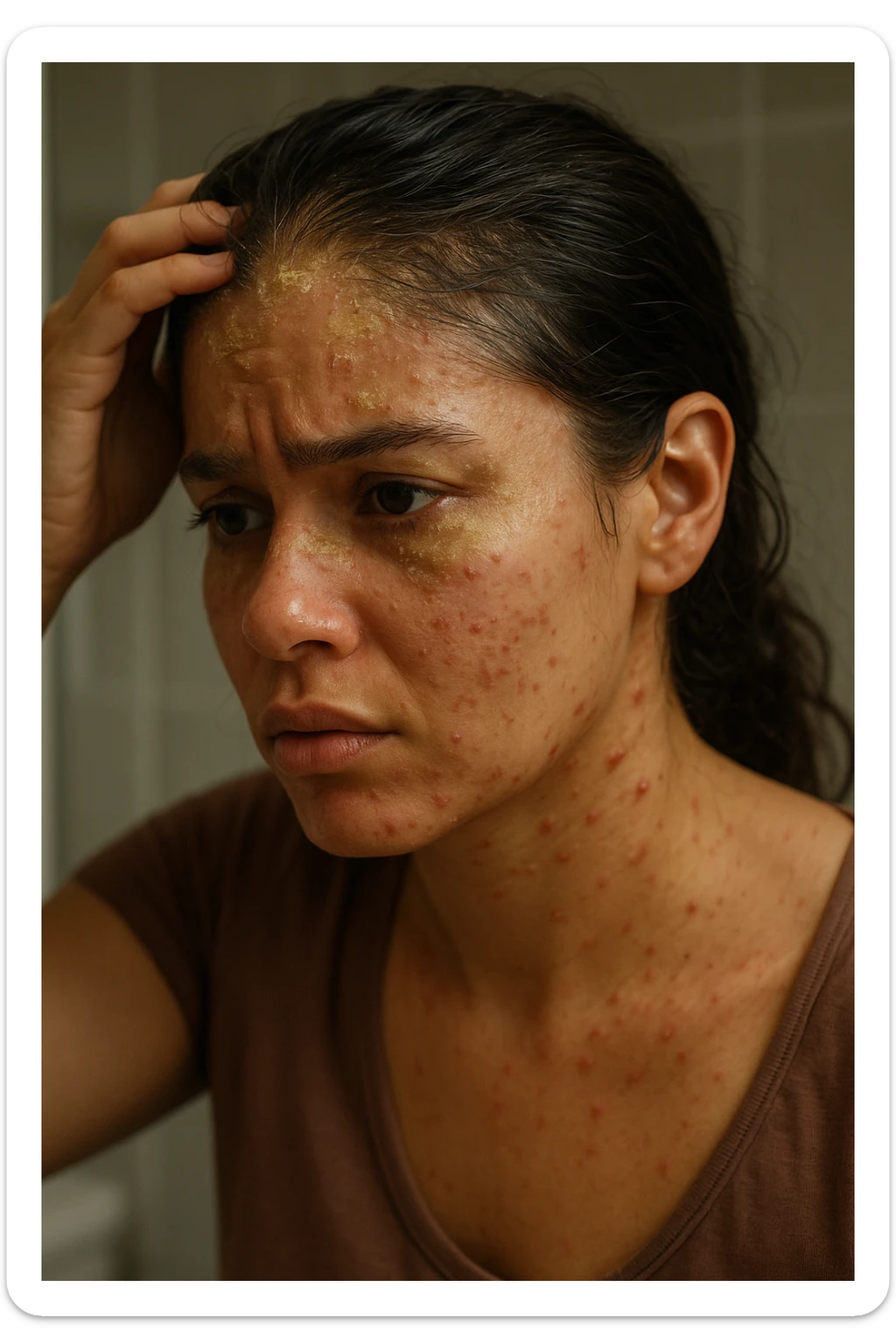 A highly realistic, cinematic close-up portrait of a young woman in her late 20s with medium skin tone, displaying visible folliculitis and seborrheic dermatitis. Small, red, inflamed follicular papules and pustules are scattered along her hairline, jawline, and upper neck, indicating folliculitis. Her scalp and areas around the nose and eyebrows show flaky, greasy yellowish scales, with redness and irritation, indicating seborrheic dermatitis. Her hair appears slightly greasy and clumps near the scalp, emphasizing excess sebum production. She gently touches her irritated scalp with concern while looking at herself in a softly lit bathroom mirror, expressing discomfort and frustration. The environment is neutral and clean, with daylight softly illuminating the scene to highlight the skin and scalp texture. The style is 35mm hyperrealistic, with warm neutral tones and shallow depth of field to maintain focus on her skin, inflammation, and emotional expression, visually explaining the physical discomfort and aesthetic concerns of living with folliculitis and seborrheic dermatitis sticker