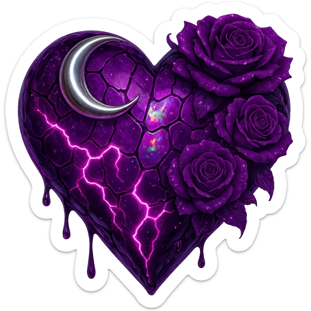 Edit the gothic heart to use fractured deep purple glass, a silver crescent moon, purple roses, iridescent holographic stardust, neon lightning bolts, and a wet, shiny finish. Keep the background transparent. The style should reflect a detailed and vibrant gothic aesthetic with emphasis on the glass texture and reflective wet surface. sticker