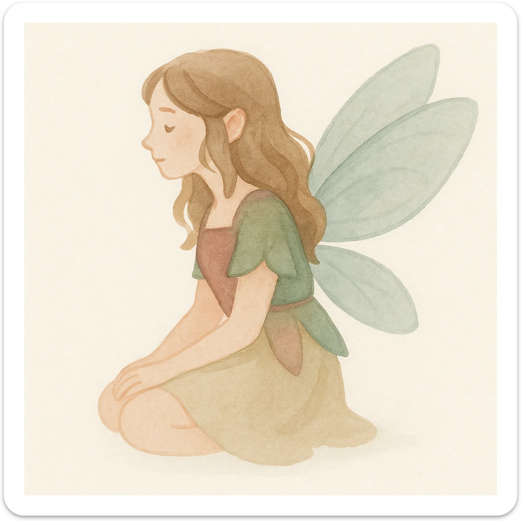 fairycore girl with brown, light pink, and green fairy clothes and wings, light brown hair, magical and whimsical, watercolor art style sticker