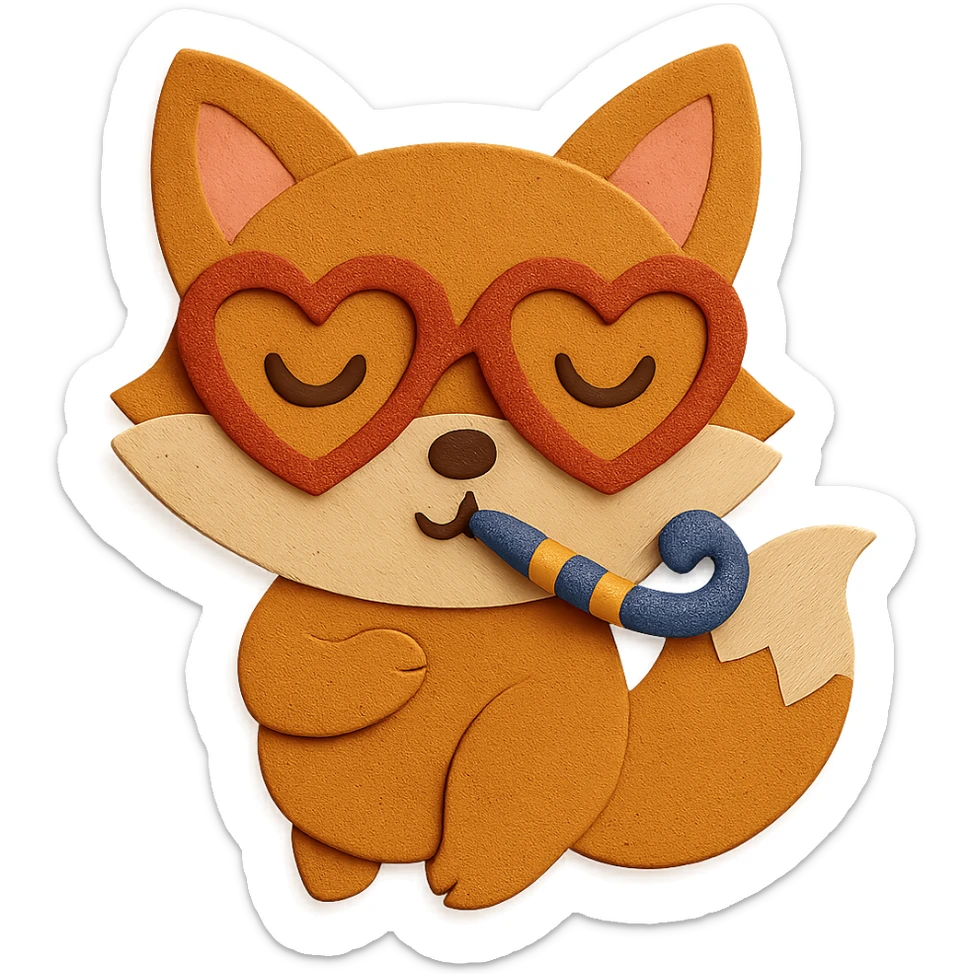Refine the image by removing any excess or awkward body parts of the baby fox, making the pose cuter and more cohesive. Keep the heart glasses and party horn, and maintain the paper-craft style and color palette. sticker