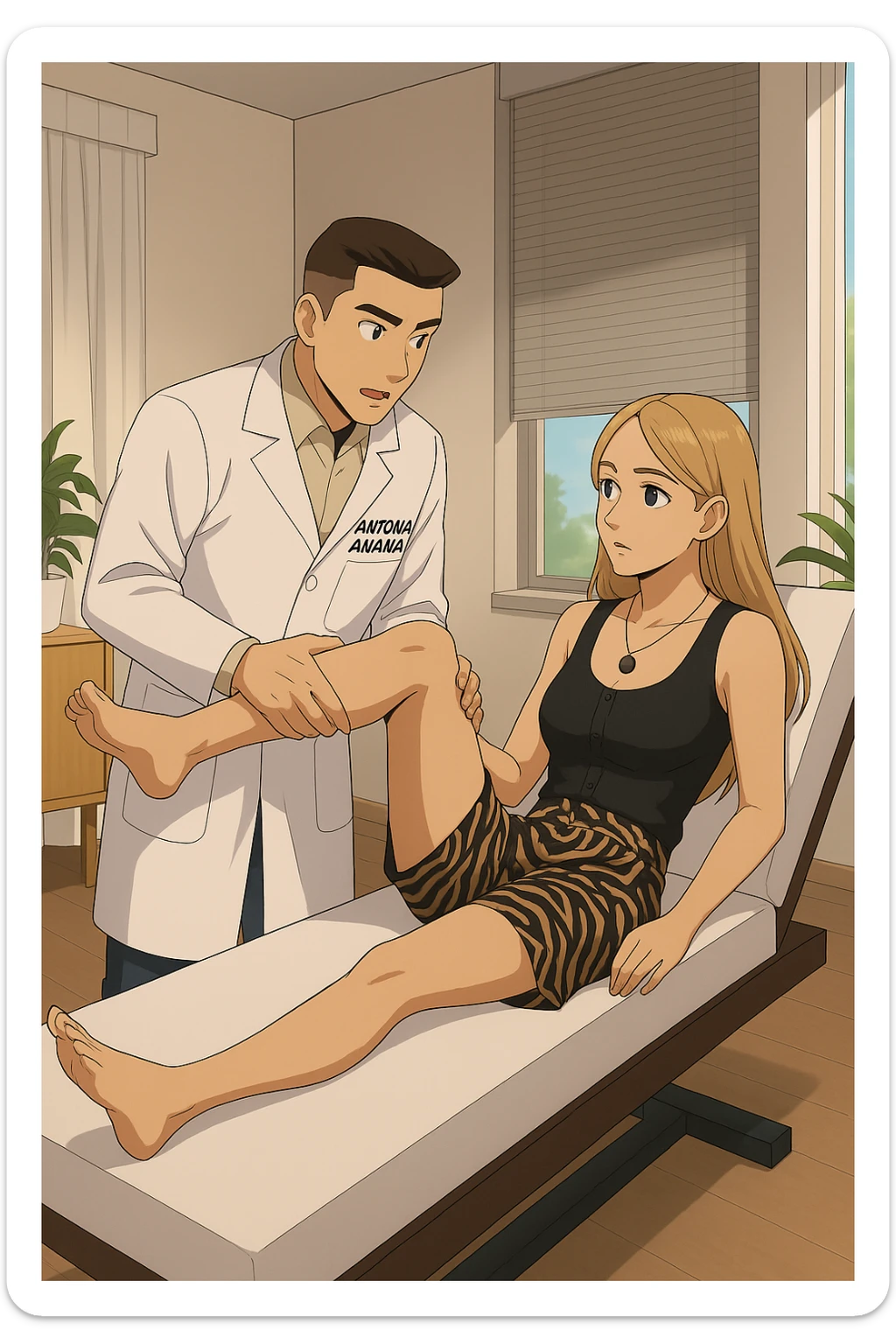 fai un webtoon/manga a colori con questo kinesiologo in camice bianco (fagli la scritta "ANTONIO ANANIA" SUL CAMICE) CHE SVOLGE UN TEST NEUROMUSCOLARE SOLLEVANDO UNA GAMBA ALLA RAGAZZA CHE è STESA SU UN LETTINO BIANCO. STANZA SEMPLICE E MODERNA, DURANTE IL TEST I DUE DIALOGANO TRA LORO. NON FARE I FUMETTI, FAI SOLO LORO COME SE DIALOGASSERO sticker