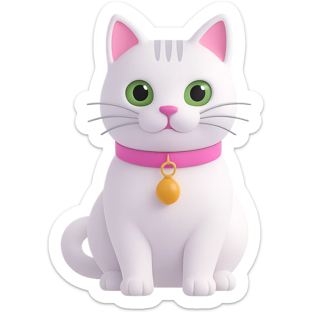 Edit the image of a white cat with a pink collar and a yellow bell on the collar. Change the cat's eyes to green. Remove the background so it is transparent. Maintain the style and details of the original image. sticker