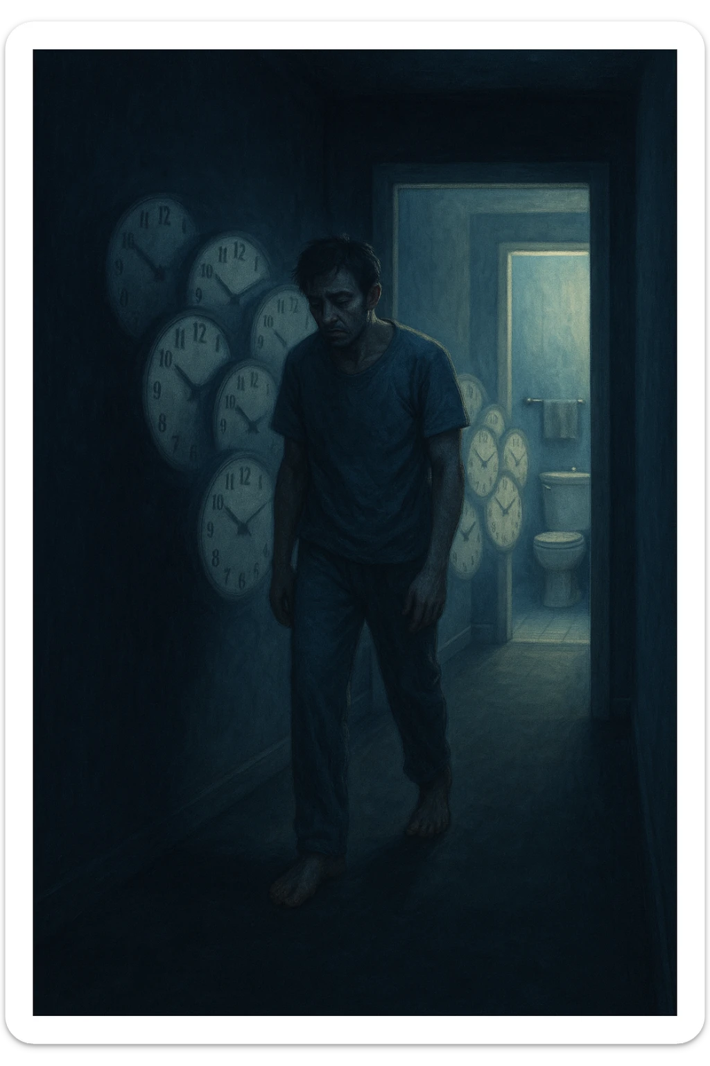 In una scena notturna onirica, un uomo cammina a piedi nudi in un corridoio buio verso un bagno illuminato, ripetutamente. Dietro di lui, come in una scia, ci sono orologi sfocati che simboleggiano il sonno interrotto. Ogni passo è lento, stanco, come se il corpo chiedesse riposo ma la vescica non lo permettesse. sticker