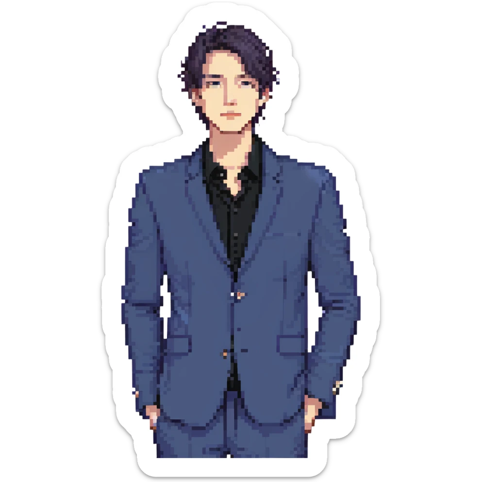 Flat pixel art, focused and confident male strategist, fair skin, short sleek dark hair, intense sharp eyes, wearing a deep indigo suit jacket over a black shirt, holding a blueprint in one hand, other hand thoughtfully touching chin, waist-up, front-facing sticker