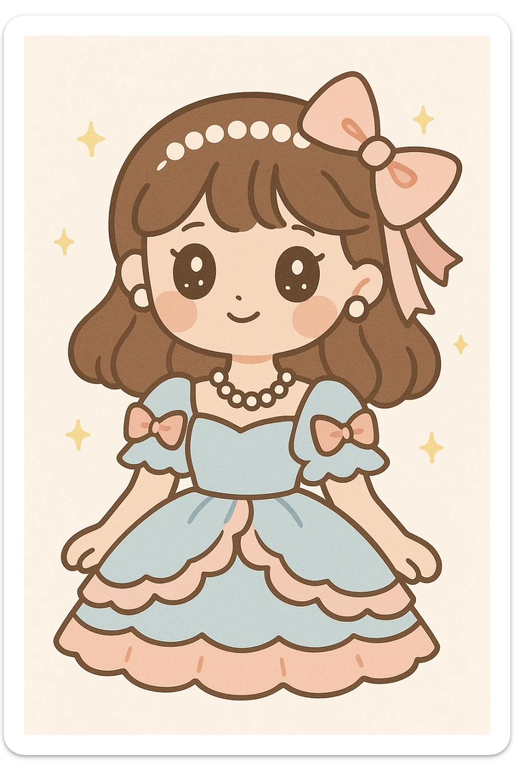 a girl in coquette style wearing a frilly dress with ribbons, soft lighting, rosy cheeks, pearl accessories, dreamy elegant atmosphere sticker