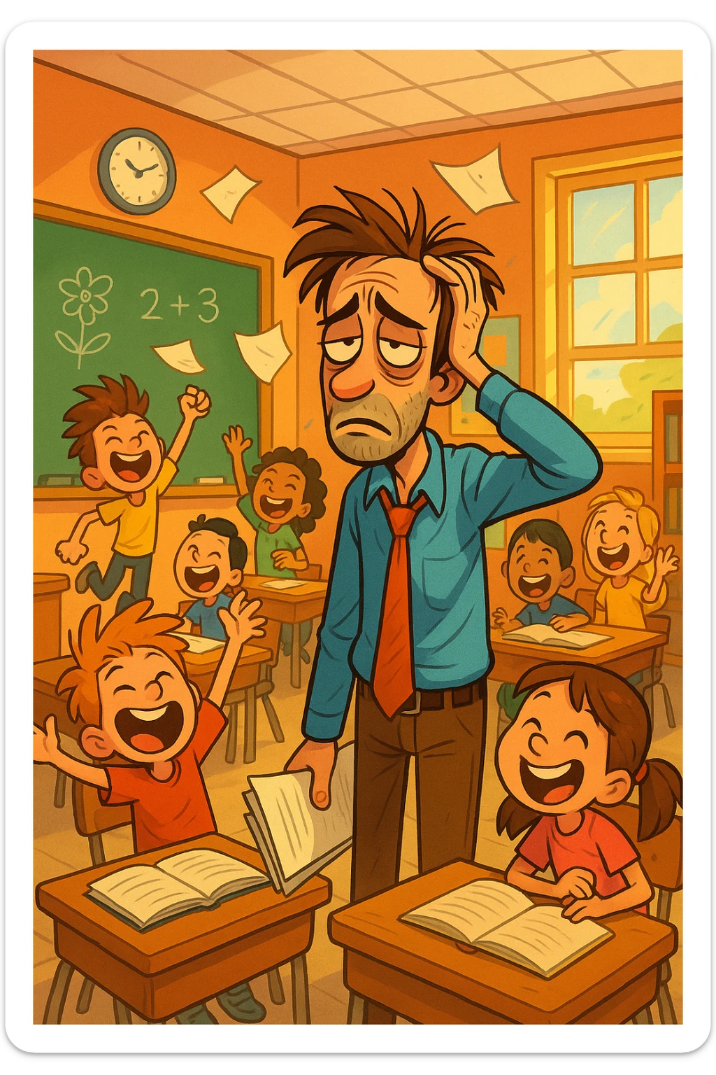 digital cartoon art of a exhausted teacher in a bustling classroom sticker