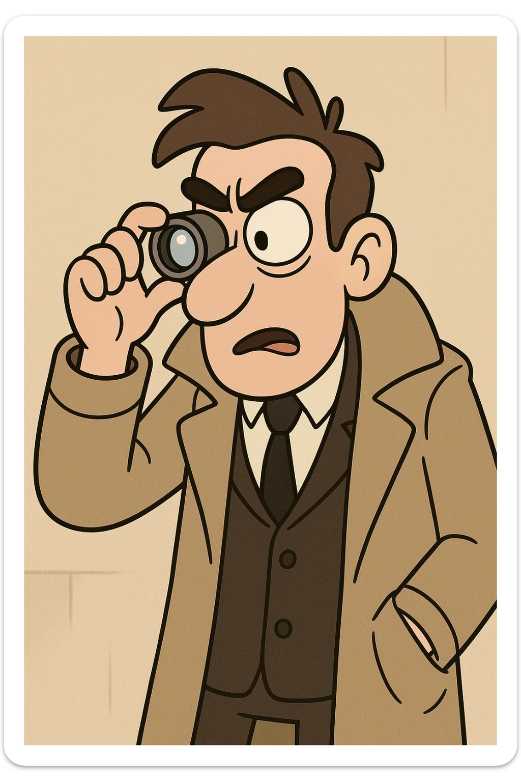 a cartoon investigator in a long coat, peering through a jeweler's loupe, curious expression, cartoon style sticker
