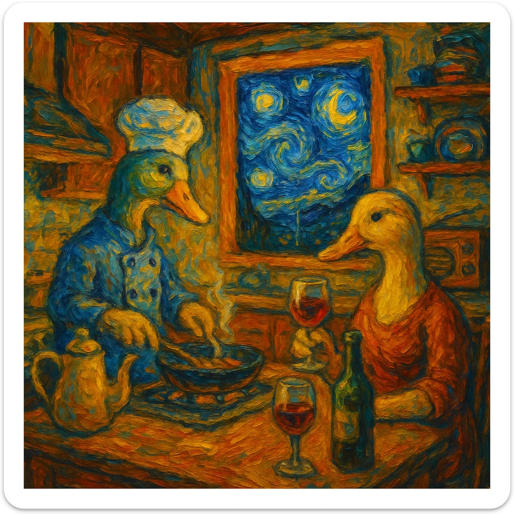 Cozy kitchen in Van Gogh style with male and female ducks cooking, drinking wine, listening to music, Starry Night sky through the window, 4:3 ratio, thick brush strokes, vibrant colors, intimate setting sticker