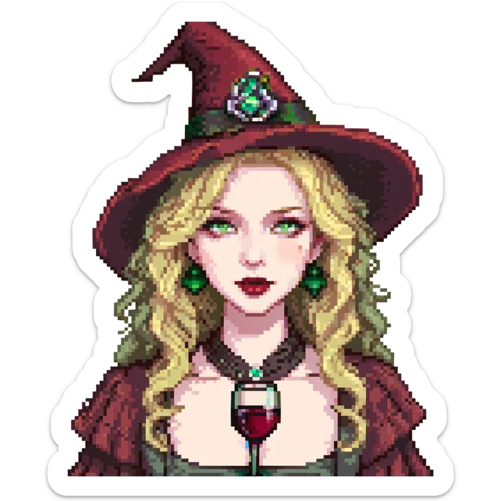 pale witch, wavy blonde hair, green eyes, wine lipstick, pointed hat, pixel art sticker