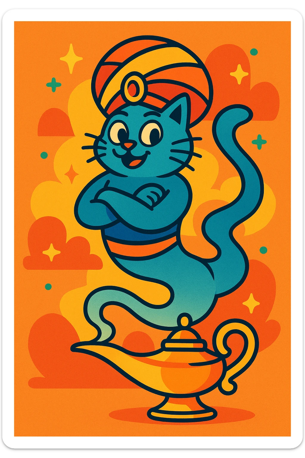 a genie cat with a turban, smoky ghost tail, floating and emerging from an oil lamp, vibrant cartoon style sticker
