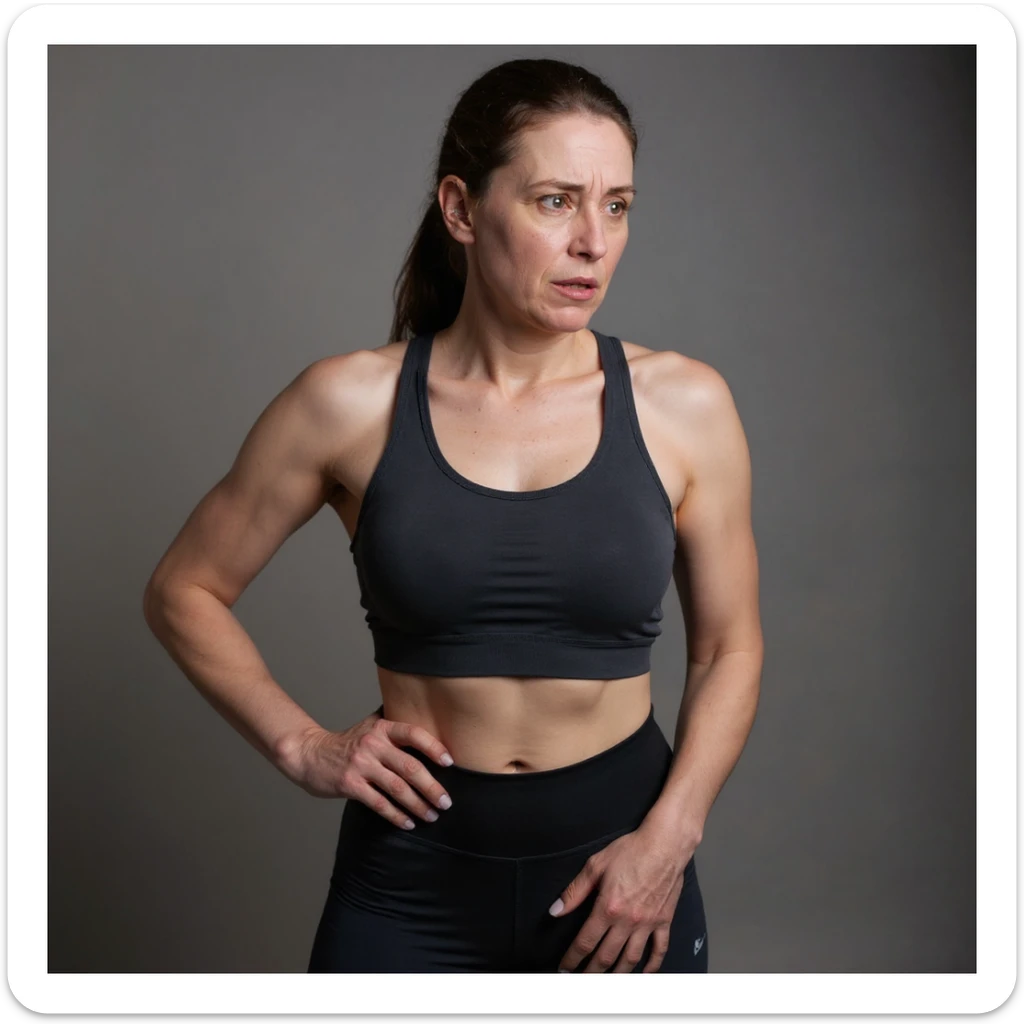 Realistic style image of a woman in sportswear inspired by the reference photo, showing pain in the right hip, with one hand on the right hip area and a pained expression, neutral background. sticker