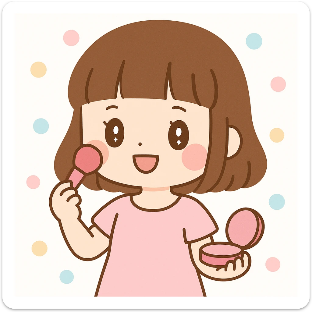 hime-cut brown hair girl in a light pink dress, putting on makeup, charming and lively sticker