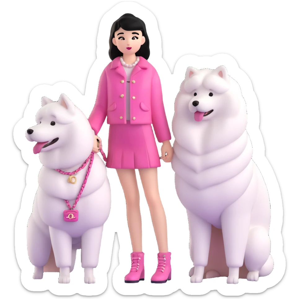 black-haired girl in pink Chanel style outfit with white Samoyed dog sticker