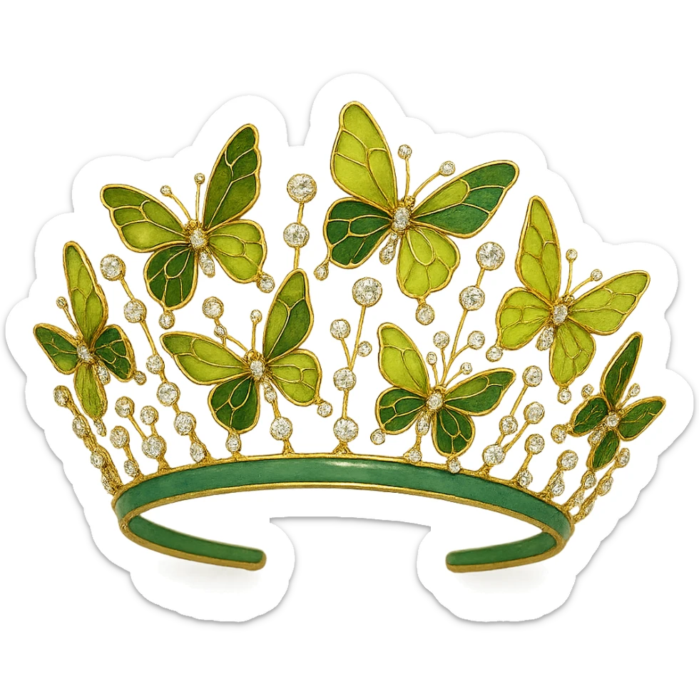 butterfly crown with a jade green base, butterflies in olive and lime green enamel, sparkling gems sticker