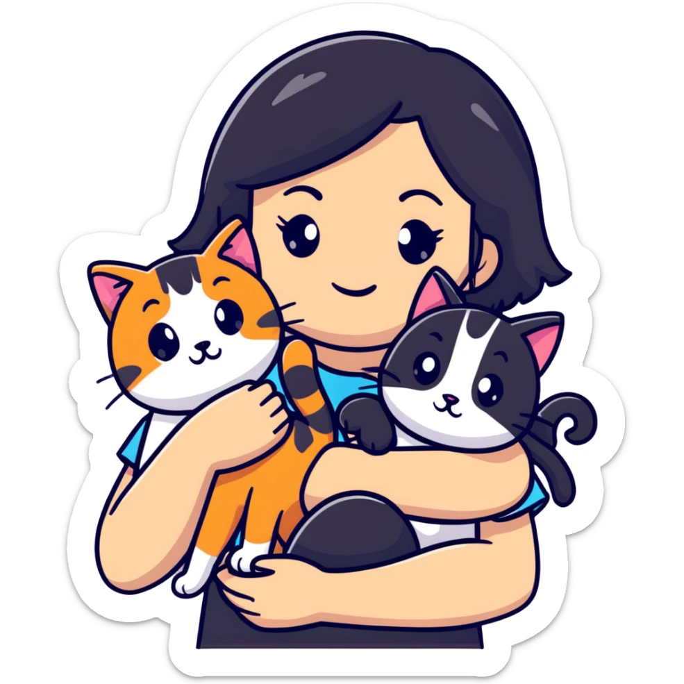 teenage girl with black hair with brown highlights with two cats that are tri-colored (black, orange, and white) sticker