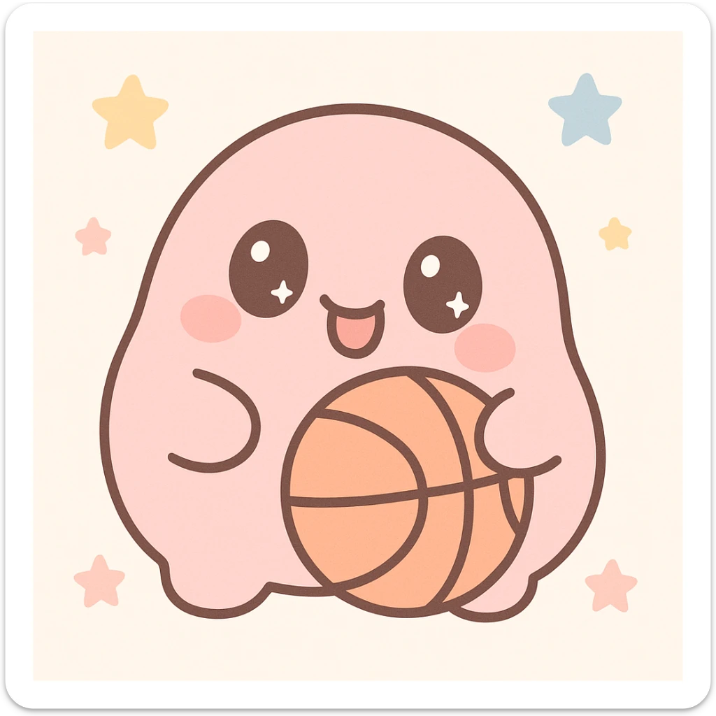 pink blob character holding a basketball, making a funny face, kawaii style sticker