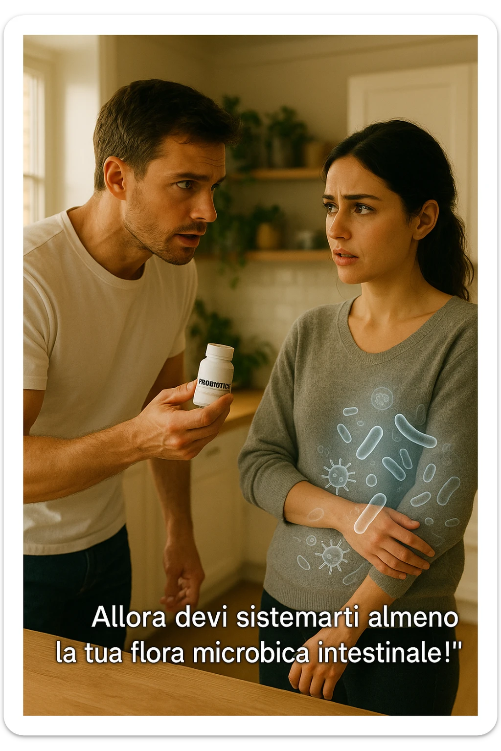A hyper-realistic, cinematic photo of a young couple in their early 30s having a tense but calmer discussion in a bright modern kitchen. The man, fit, wearing a plain white T-shirt, holds a small probiotic supplement bottle in one hand, leaning slightly forward with a concerned yet firm expression, saying: 'Allora devi sistemarti almeno la tua flora microbica intestinale!' The woman, with dark hair in a loose ponytail, wearing a comfortable home sweater, stands with arms partially crossed, looking at him with a doubtful and confused expression, eyebrows slightly raised, lips parted as if about to respond but uncertain. Around them, faint translucent overlays of microscopic gut flora and bacteria symbols swirl softly near the woman’s abdomen, symbolizing the issue of her imbalanced gut microbiome. The kitchen is bathed in warm natural light, with green plants adding a sense of health and life, while the couple remains in sharp focus. The color palette is warm, with soft shadows and shallow depth of field highlighting the emotional tension yet care in the conversation, visually representing the discussion about gut health within the relationship sticker