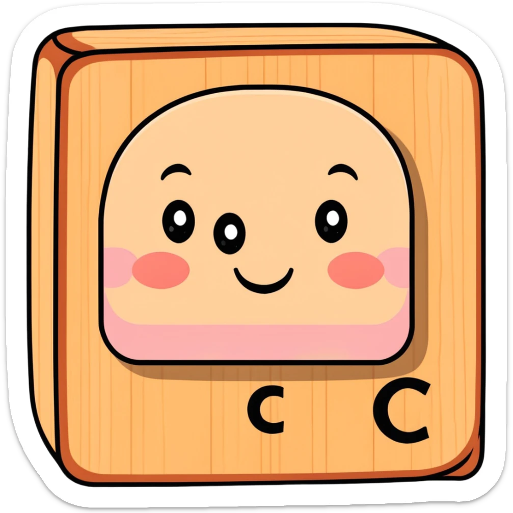 A cartoon wooden alphabet block with letter C and a cute face with rosy cheeks sticker