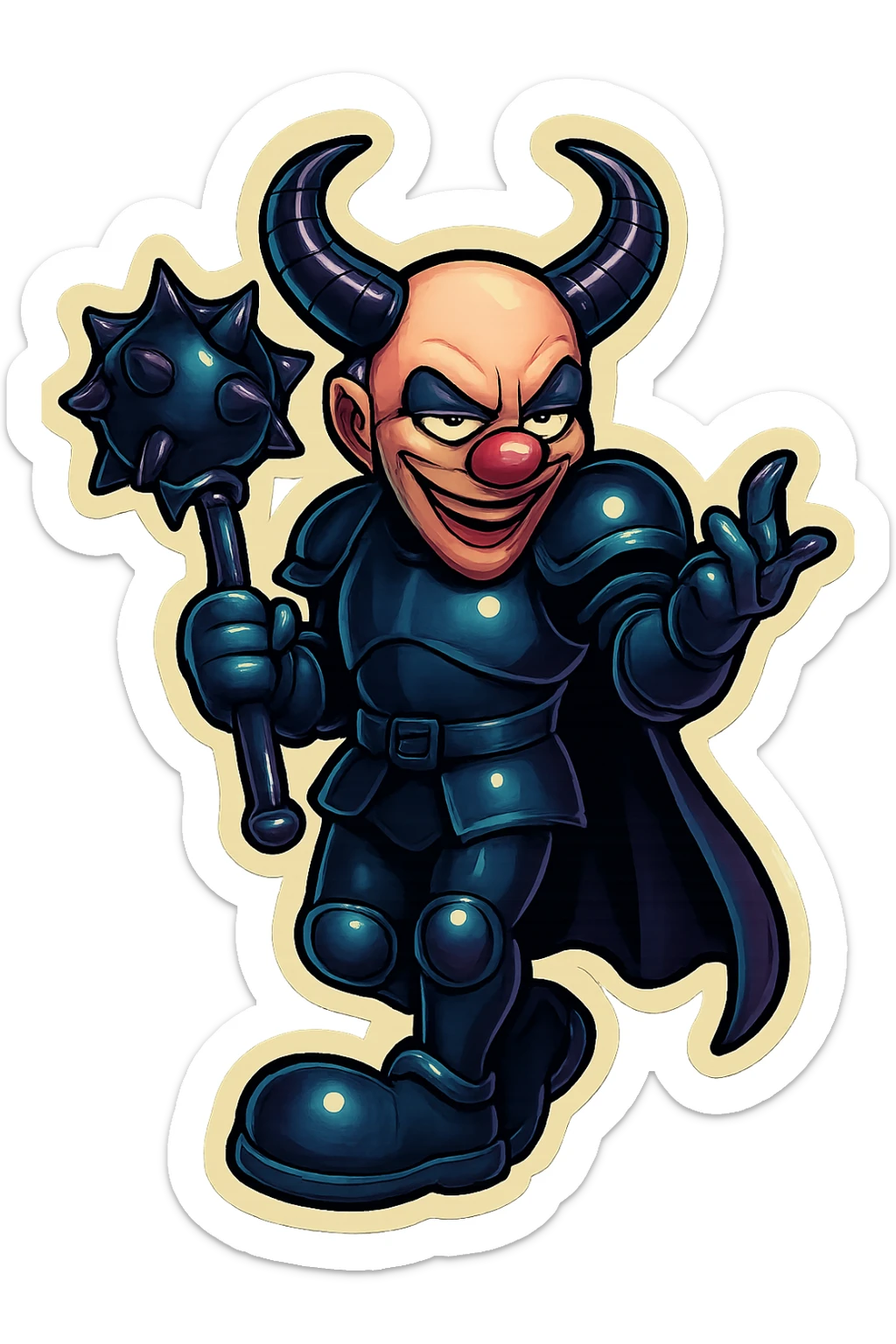 A sinister armored clown with no hair, ram horns pointing up, masculine and powerful build, glossy black on matte black armor, short cape, large black clown shoes, standing with legs crossed, one arm down holding an oversized spiked mace, the other hand gesturing with a clawed hand, eyes barely open, evil smile, vibrant retro stickers style, no yellow aged tint, full body, transparent background. sticker