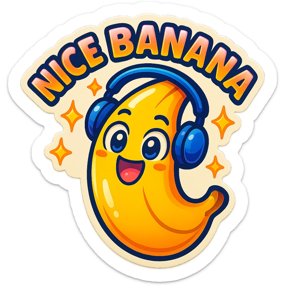 Funny cartoon banana, big happy smiling face, wearing tiny headphones, wide excited eyes, tiny sparkles around, text above: "NE BANANA", chibi style, Twitch emoji style, colorful, transparent background sticker