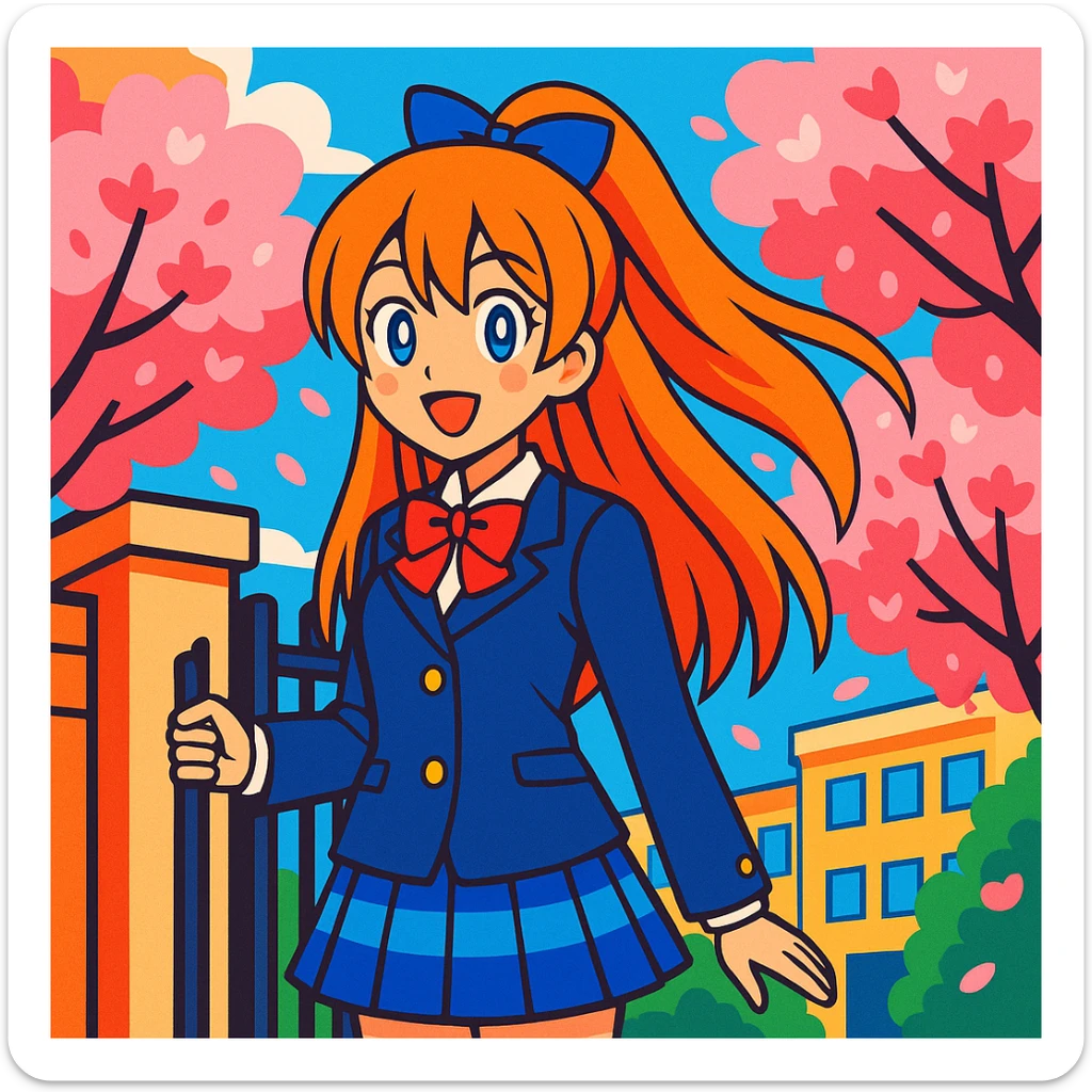 anime schoolgirl with long orange hair, blue ribbon, blue eyes, smiling, in Japanese school uniform, standing by school gate with cherry blossoms, vibrant colors, Love Live! inspired sticker