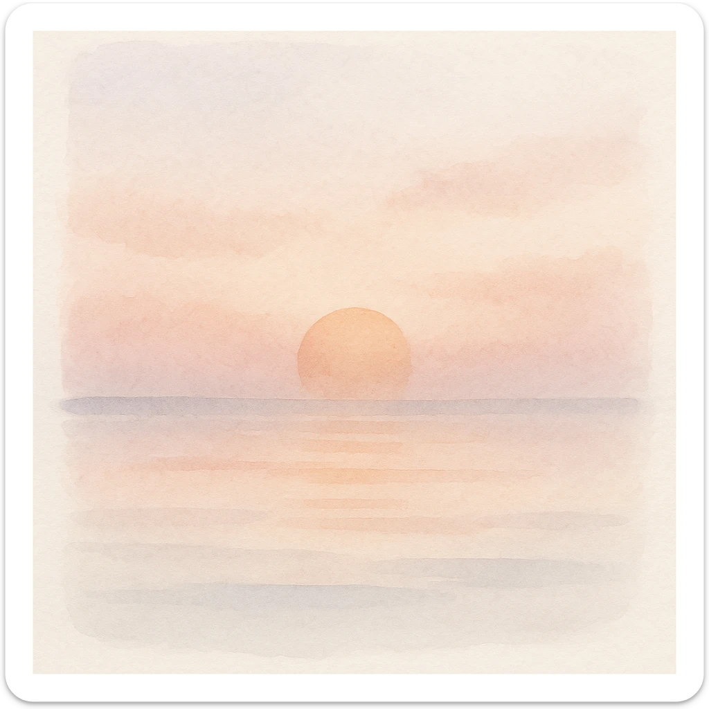 aesthetic morning sunrise, over calm water, pink and orange sky, peaceful atmosphere sticker